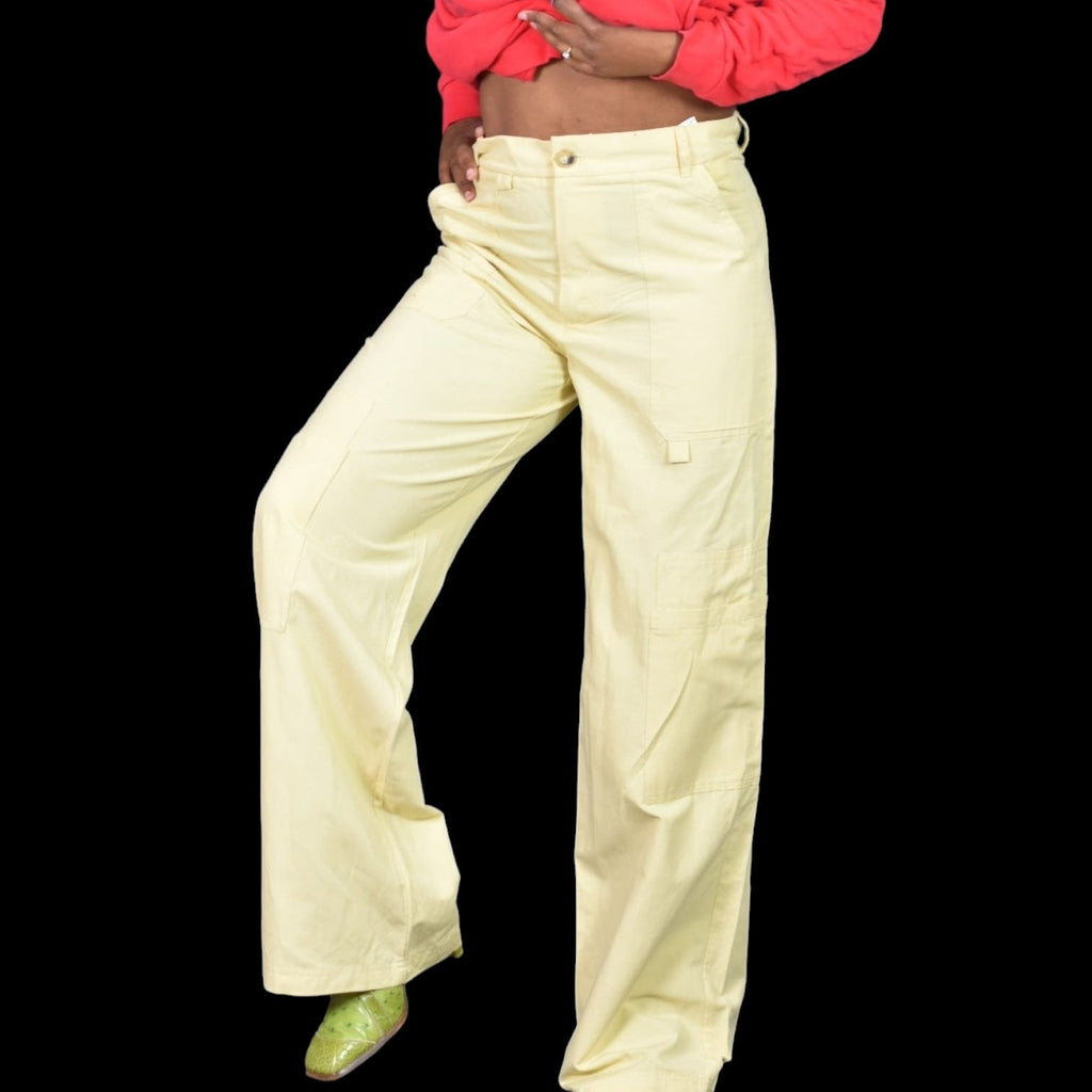 Zara Cargo Linen Blend Wide Leg Pants Yellow Tan Flare High Waist Trouser Size Small