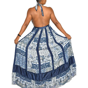 Young Fabulous Broke Maxi Dress Blue Paisley Patchwork YFB Low Cut Halter Crochet Size XS
