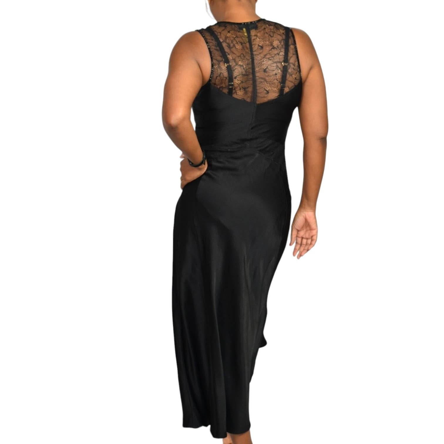 Donna Karan Black Slip Dress Silky Satin Viscose Lace LBD Cocktail Party Beaded Maxi Size 4