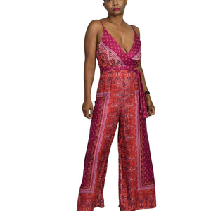 Free People Cabbage Rose Jumpsuit Pink Floral Scarf Print Silky Wide Leg Spaghetti Strap Belted Size 4