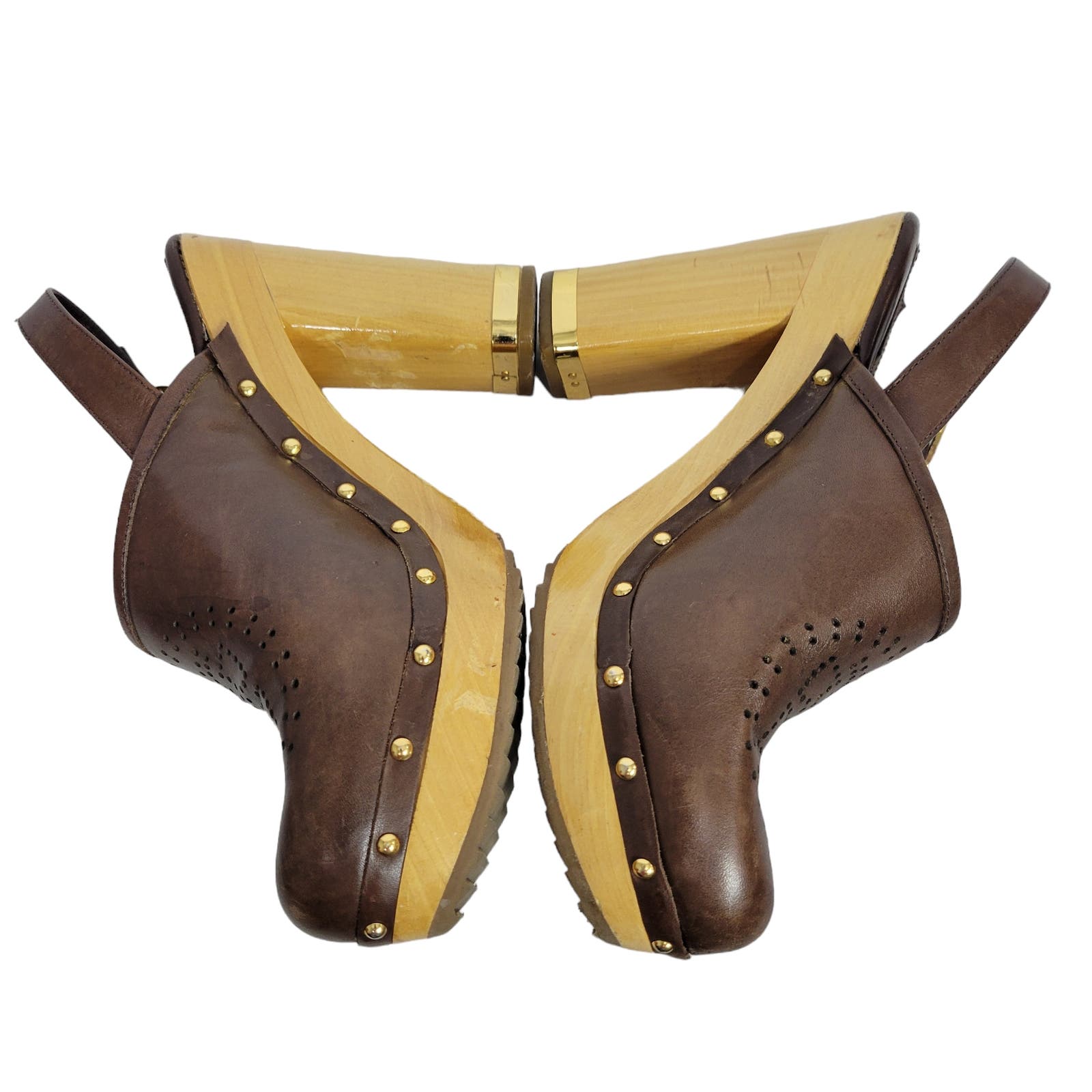 Tory Burch Brayden Clogs Brown Chunky Platform Leather Wooden Heels Mule Lasercut Slingback Size 9