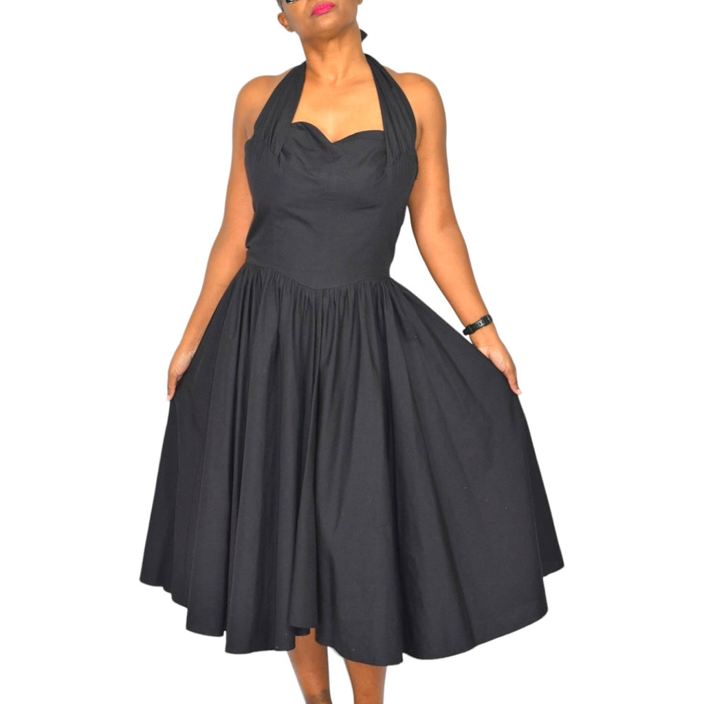 Vintage O'Susanna Black Midi Dress Cotton Halter Sweetheart Full Skirt 80s Size Medium 8