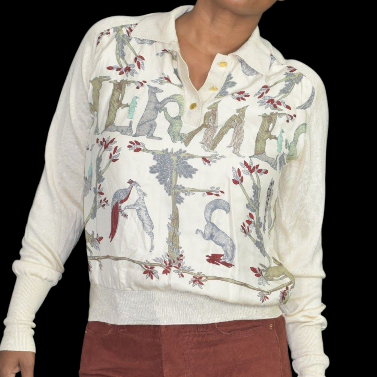 Vintage Hermes Alphabet Polo Top Beige Print Silk Cashmere