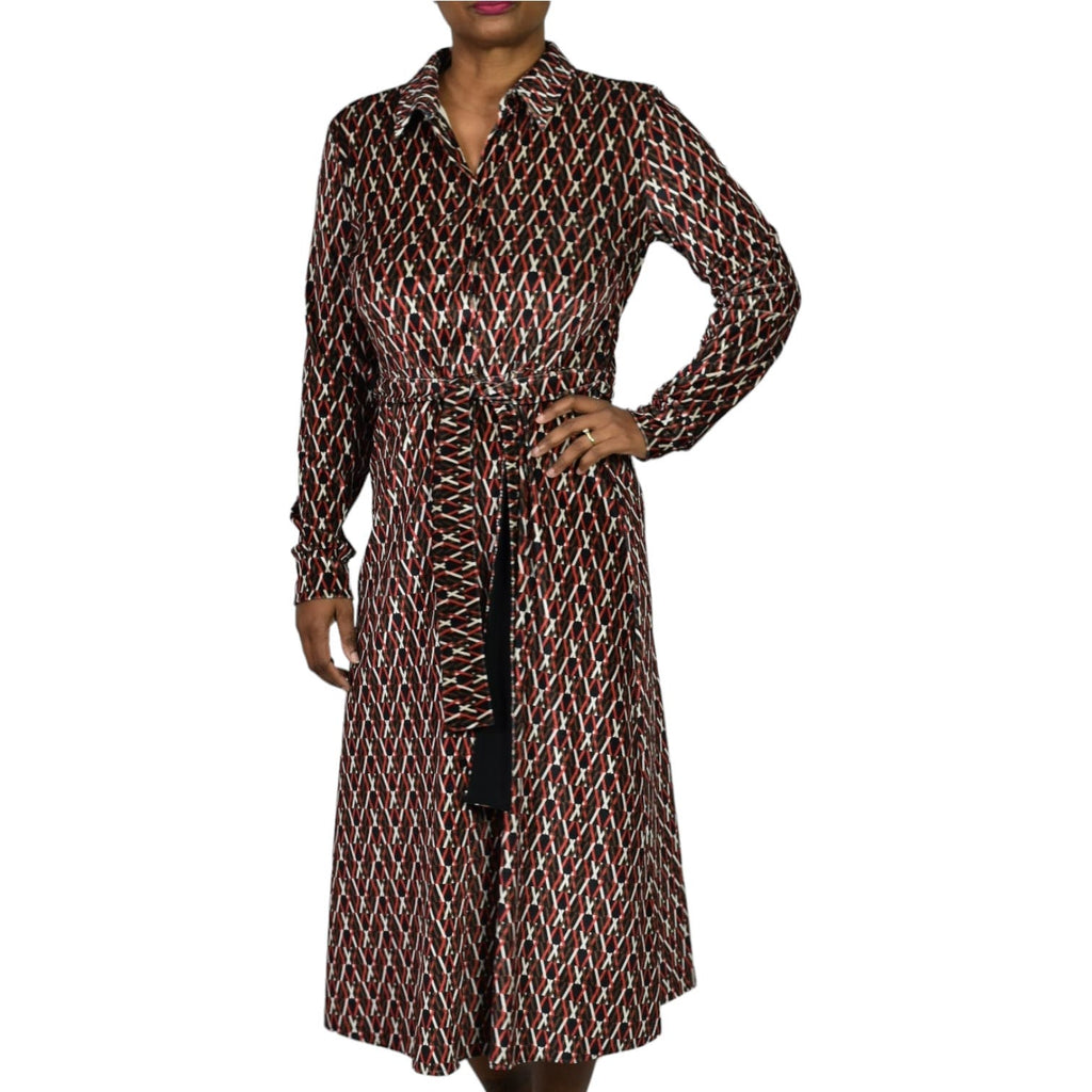 Emme by Marella Print Midi Jersey Shirt Dress Brown Geo Chevron Velour Collared Belted Shirtdress Long Sleeve Size 6