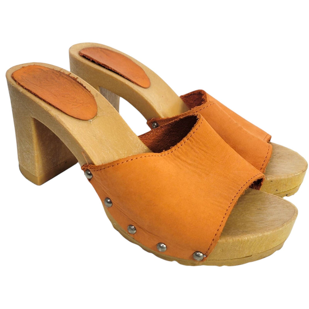 Vintage Candies Demi Heels Orange Slides Leather Sandal Slip On Studded Clogs Size 7