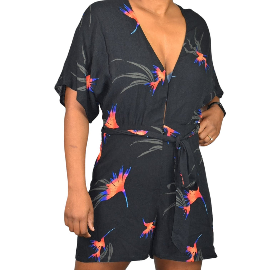 Knot Sisters Mucho Aloha Romper Black Tropical Floral Multi Print Viscose Belted Size Medium