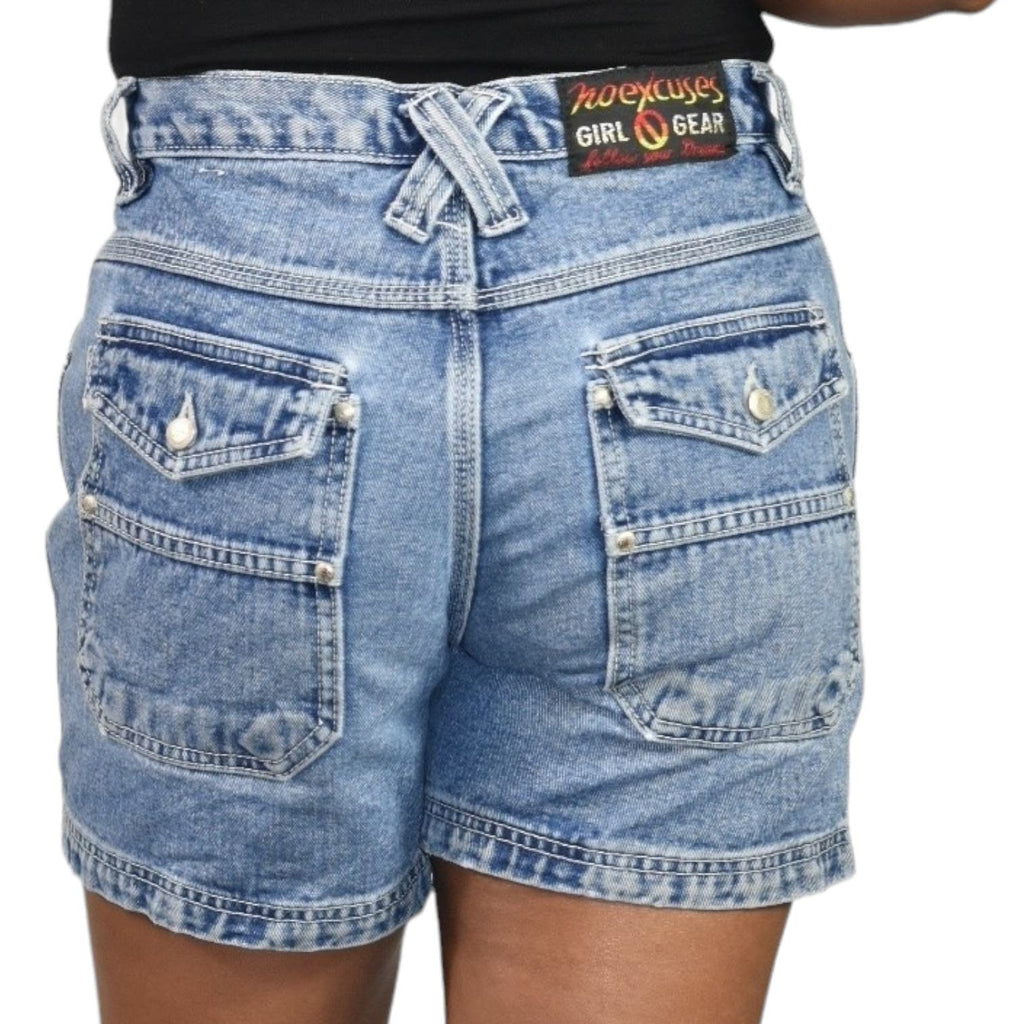 Vintage No Excuses Jean Shorts Blue Cargo Pockets Thigh Length Cotton Rigid Size 8