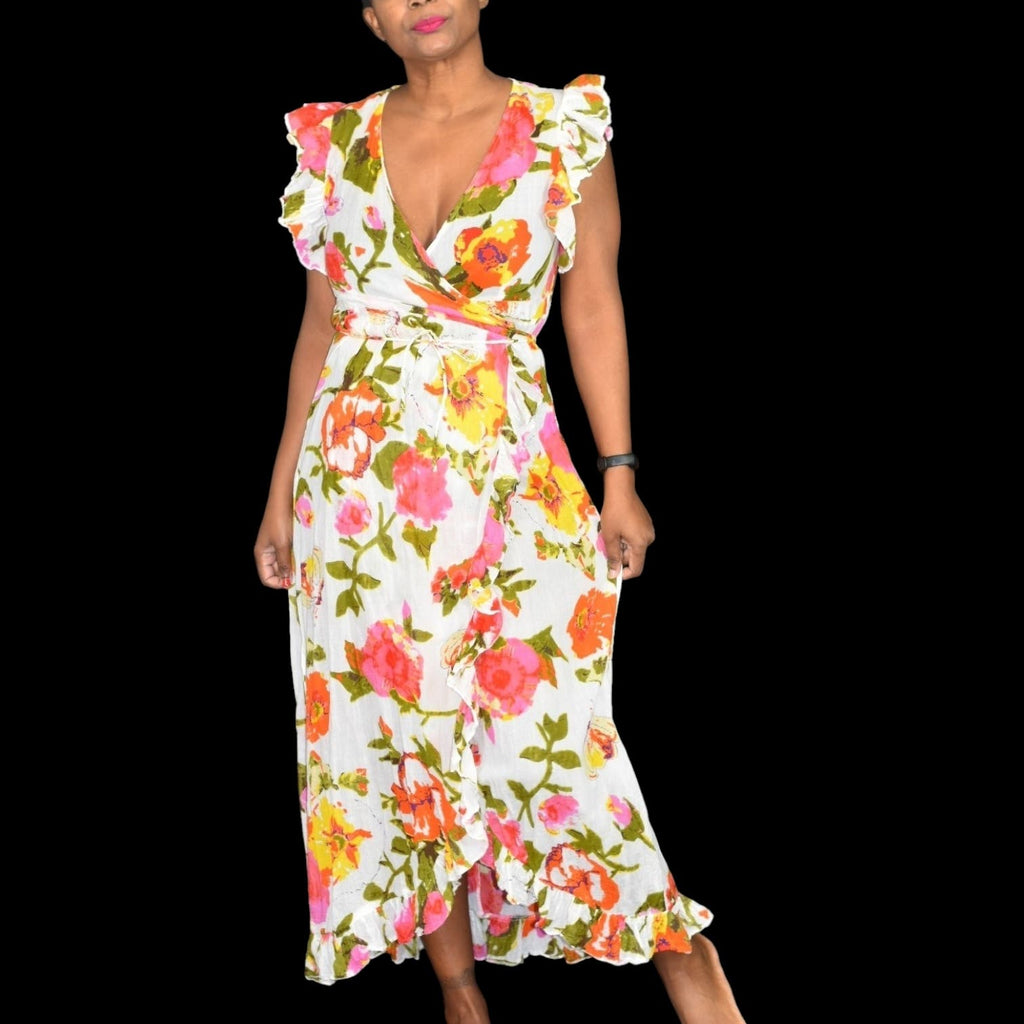 Debbie Katz Rosa Wrap Dress Pink Floral Cotton Ruffle Beach Coverup India Gauze Maxi Ankle Size Medium