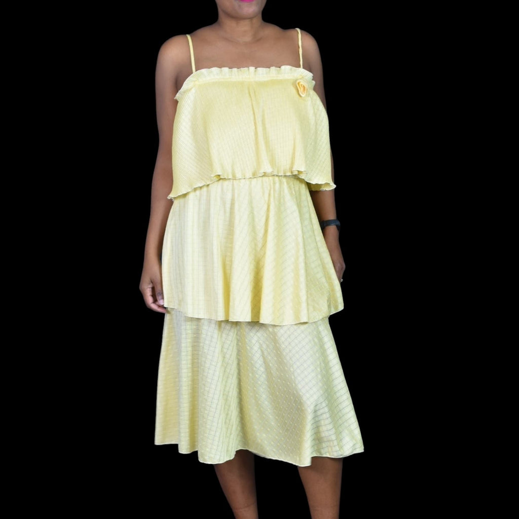 Vintage 70s Tiered Midi Dress Yellow Ruffle Plisse Lemon Sunny Pastel Homemade Size Large