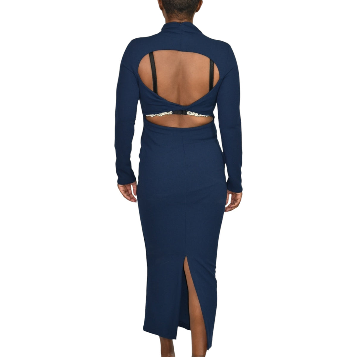 Zara Open Back Dress Blue Navy Crepe High Neck Long Sleeves Midi Colum –  The Thriftanista Closet