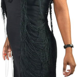 Vintage Lilli Diamond Cocktail Dress Black Fringe 1970s Chiffon Sleeveless 60s 70s Size Small