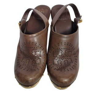 Tory Burch Brayden Clogs Brown Chunky Platform Leather Wooden Heels Mule Lasercut Slingback Size 9