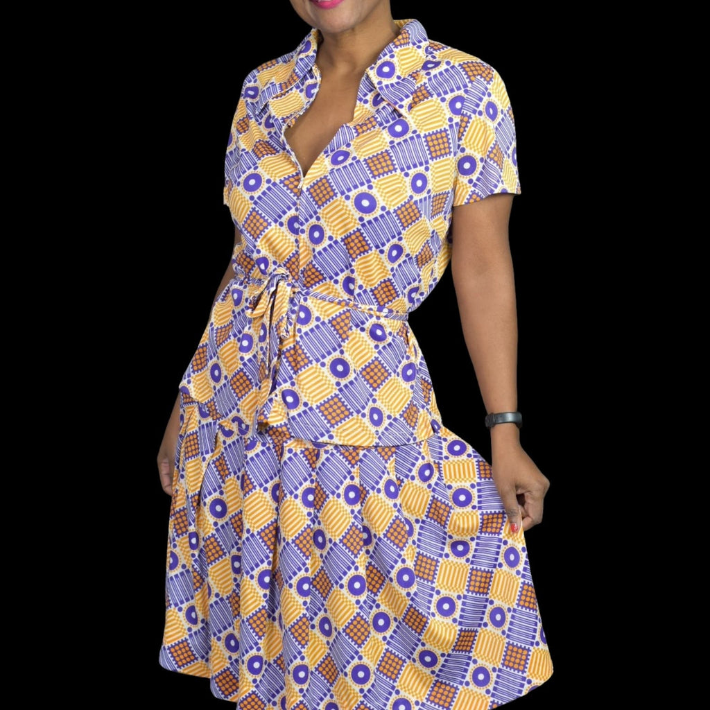 Vintage Miami Dress Skirt Set Purple Abstract Psychedelic Top Geo Block Print 60s 70s Size Medium