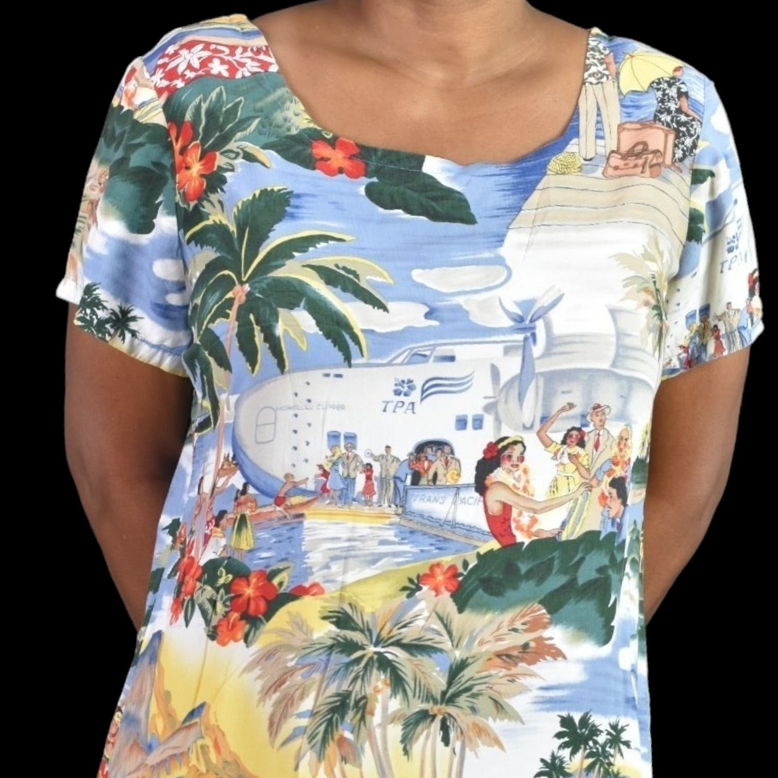Vintage Reyn Spooner Dress Novelty Tiki Hula Girls Hawaiian Print Sheath Muumuu Hawaii Midi Size Medium