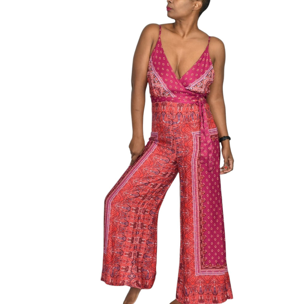 Free People Cabbage Rose Jumpsuit Pink Floral Scarf Print Silky Wide Leg Spaghetti Strap Belted Size 4