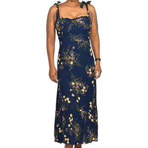 Reformation Nikita Dress Blue Floral Midi Shoulder Tie Sweetheart Ruffle Sleeveless Size 2