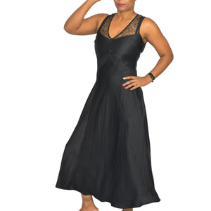 Donna Karan Black Slip Dress Silky Satin Viscose Lace LBD Cocktail Party Beaded Maxi Size 4