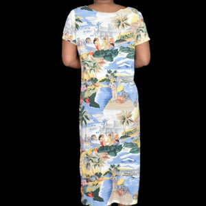 Vintage Reyn Spooner Dress Novelty Tiki Hula Girls Hawaiian Print Sheath Muumuu Hawaii Midi Size Medium