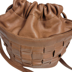 Preswick and Moore Bucket Bag Brown Tan Vintage Drawstring Woven Leather Lantern 80s Crossbody Shoulder