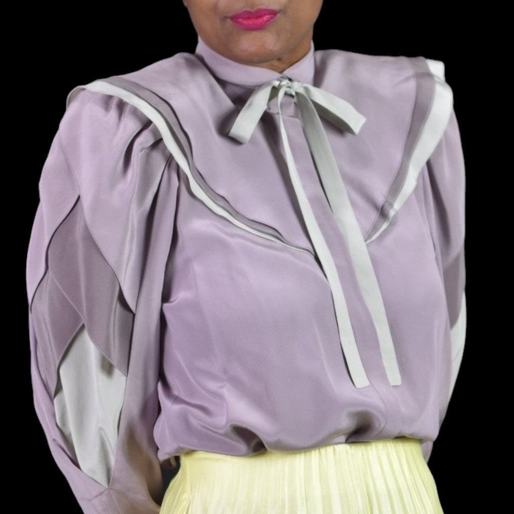 Vintage Silk Blouse Purple Wide Collar Shirt Padded Shoulders Statement Gigot Sleeve Top Size 4