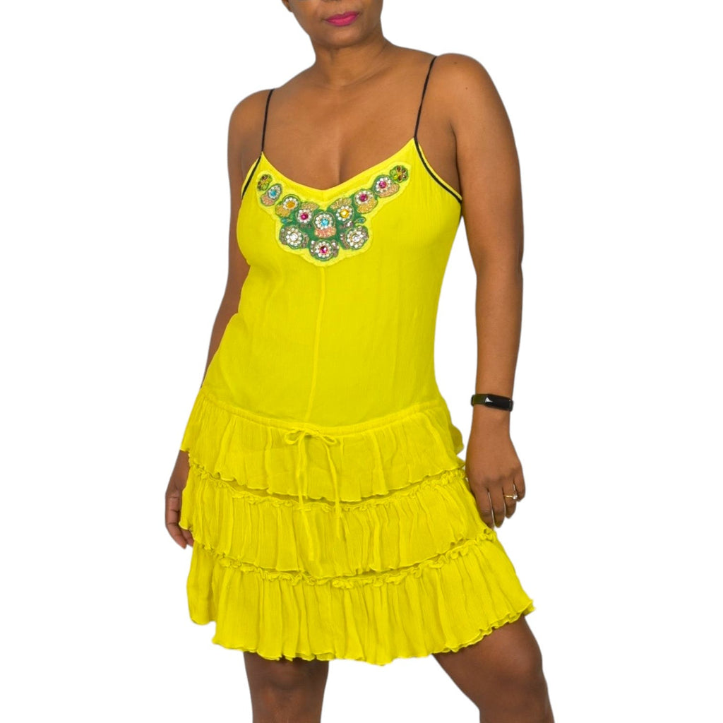 Free People Silk Dress Yellow Rhinestone Drop Waist Tiered Ruffled Crinkled Size Medium