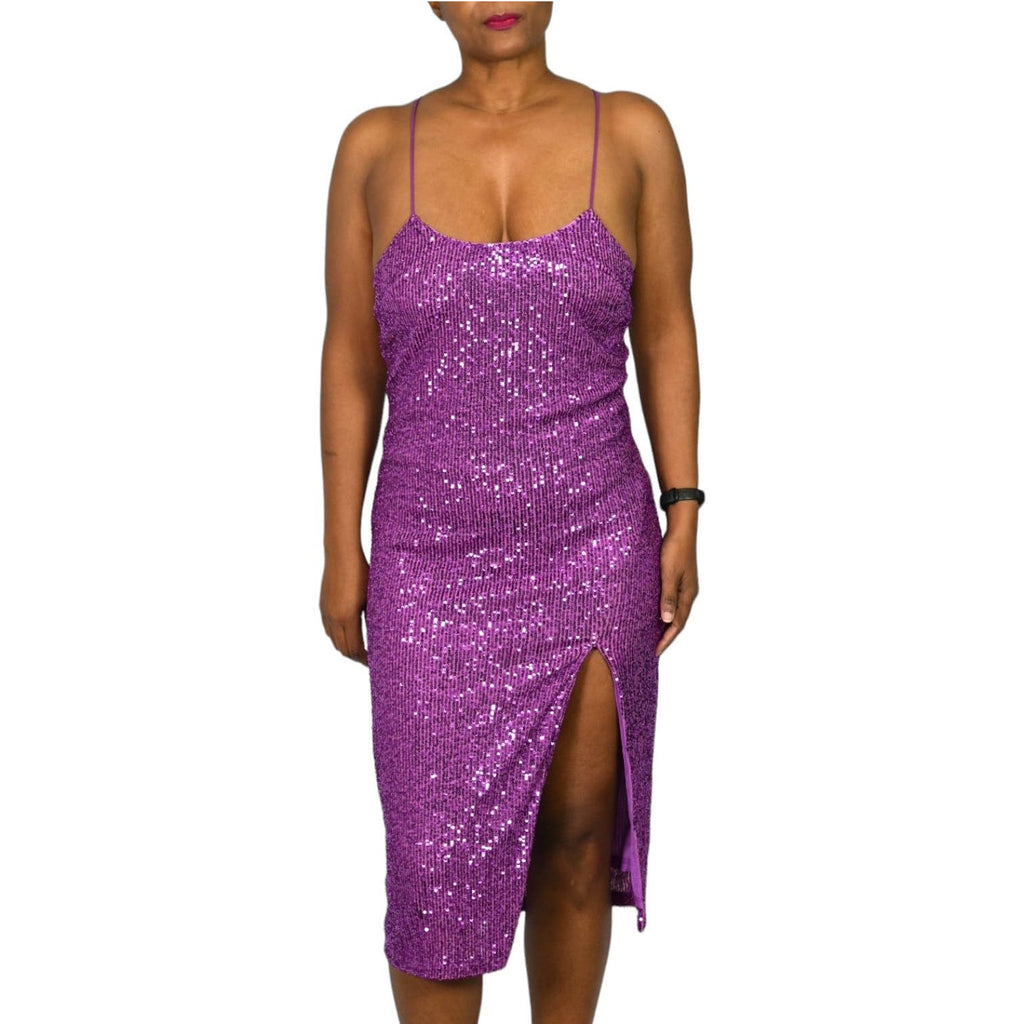 Lulus Sequin Dress Purple Magenta Evening Strappy Midi Stretch Knit Shiny Thigh Slit Party Size XS