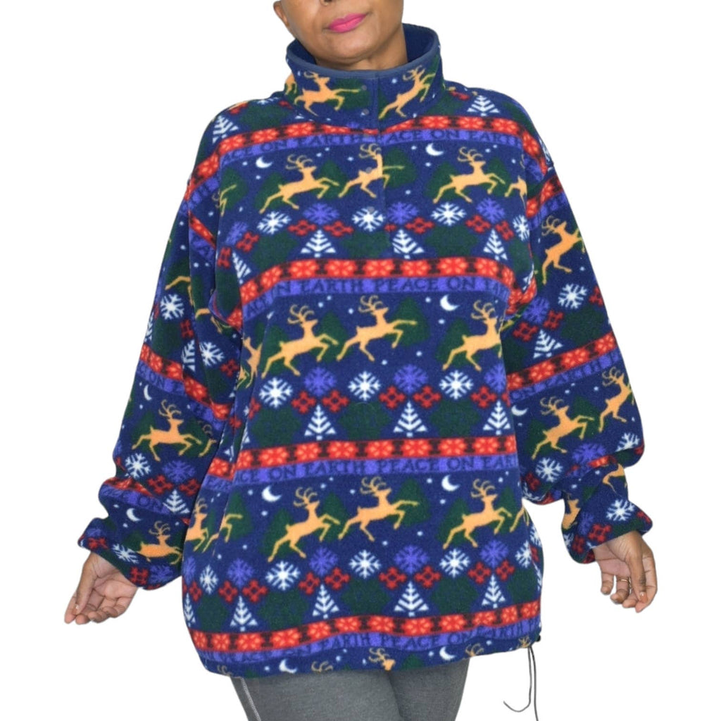 Vintage LL Bean Fleece Sweater Blue Christmas Reindeer Peace on Earth Fair Isle Snap Pullover Size XL