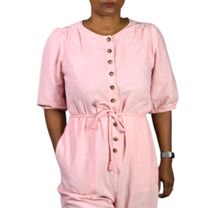 Madewell Cotton Jumpsuit Pink Puff Sleeve Short Sleeve Tie Waist Cuffed Tapered 6