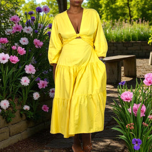 Derek Lam Twist Front Midi Dress Yellow Waist Cutout Poplin Cotton Tiered Medium 40 8