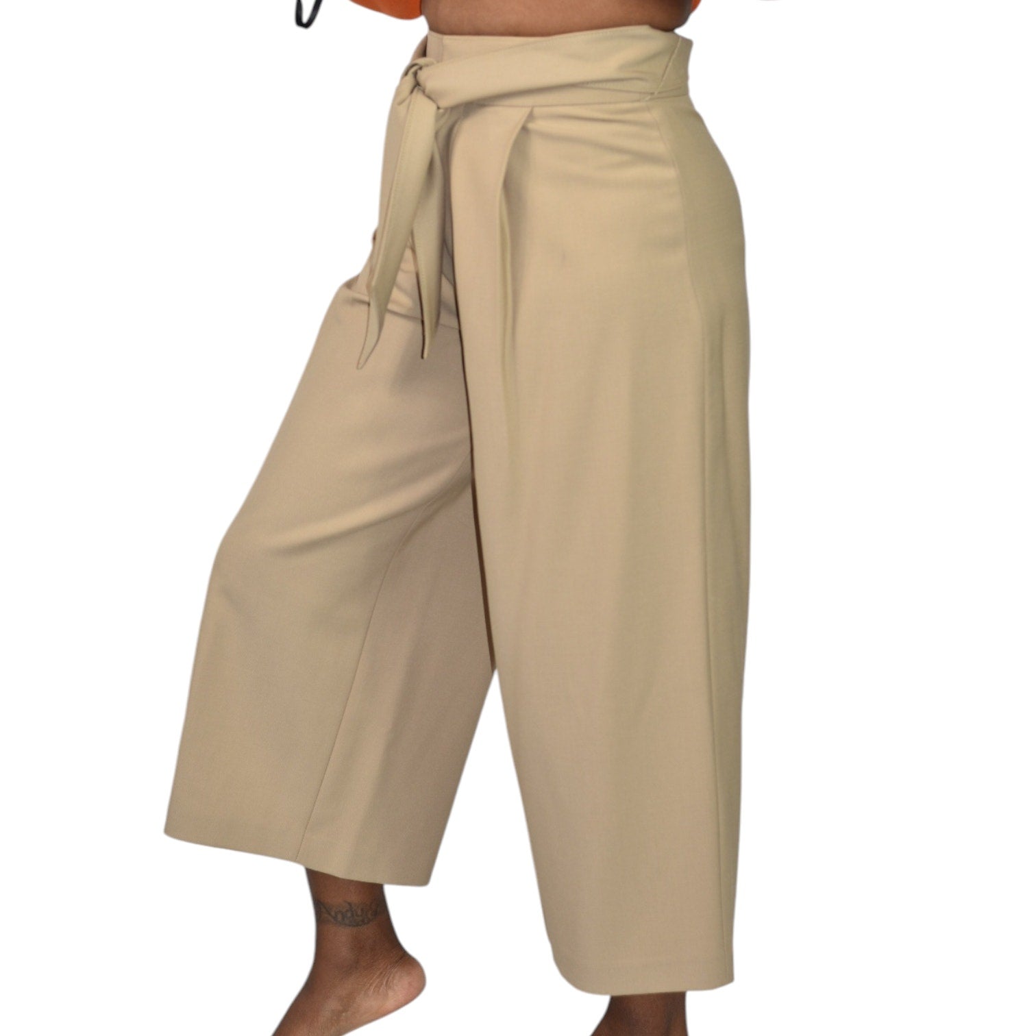 Club Monaco Wide Leg Crop Trousers Tan Tailored Pants Belted Flare Wool Khaki High Waist Gaucho 0