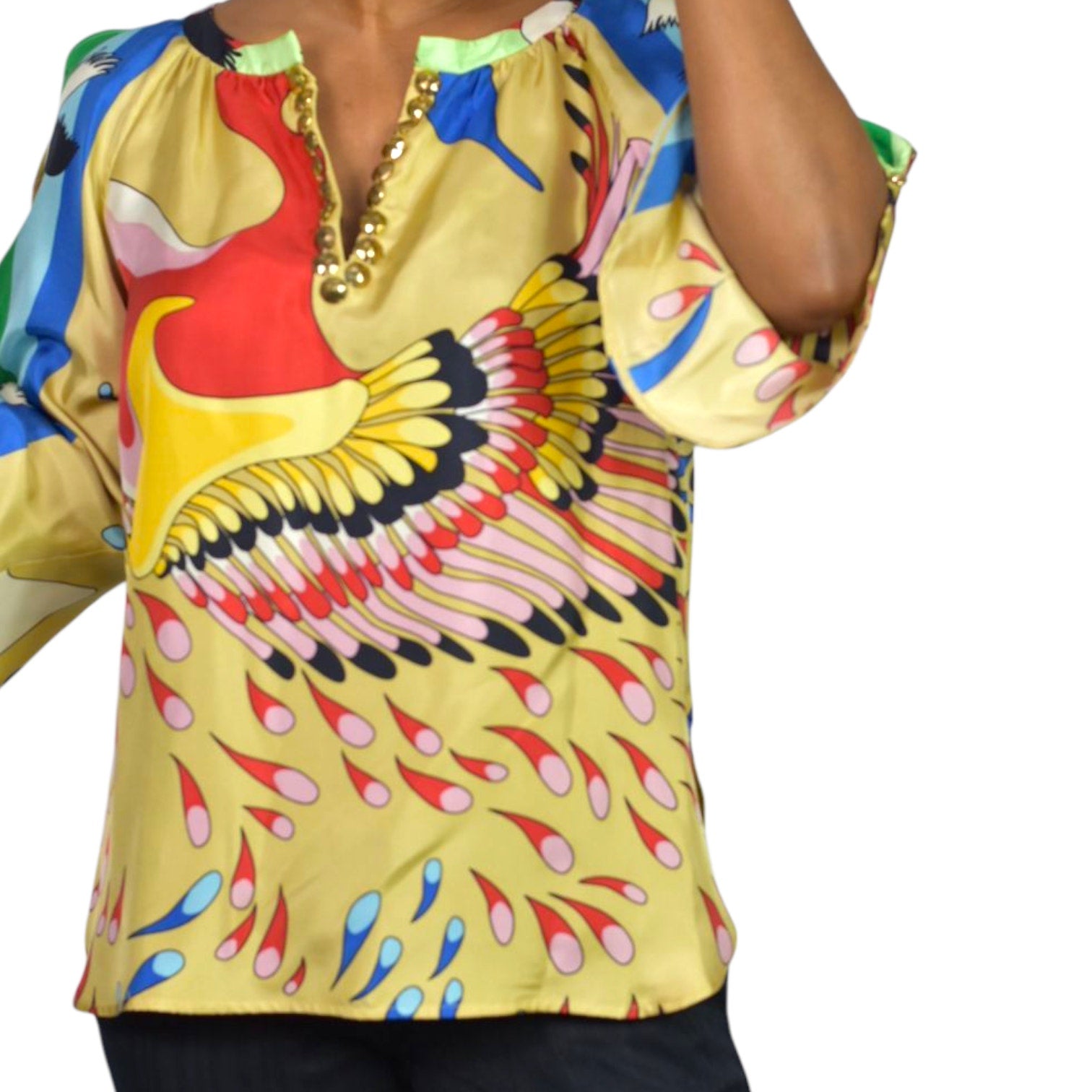 TIBI Silk Printed Tunic Yellow Colorful Peacock Jeweled Studded Blue Cutouts Birds 6