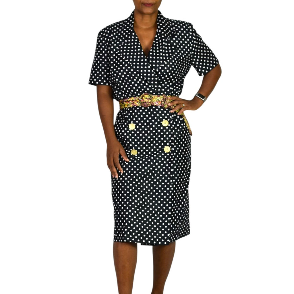 Vintage SG Gilbert Polka Dot Dress Black White Notched Collar Shirtdress Double Breasted 8