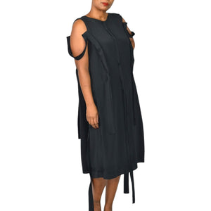 MeimeiJ Draped Dress Black Cutout Cold Shoulder Strappy Silk Blend Midi Wearable Art 8