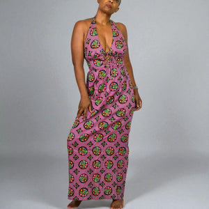 Vintage Beach Mates Halter Maxi Dress Pink Acrylic Floral Print Check Garden 70s Coverup Hippie Small