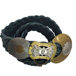 Baer SF Braided Belt Green Leather Mixed Embellished Media Metals Discs Arty Bohemian Handmade