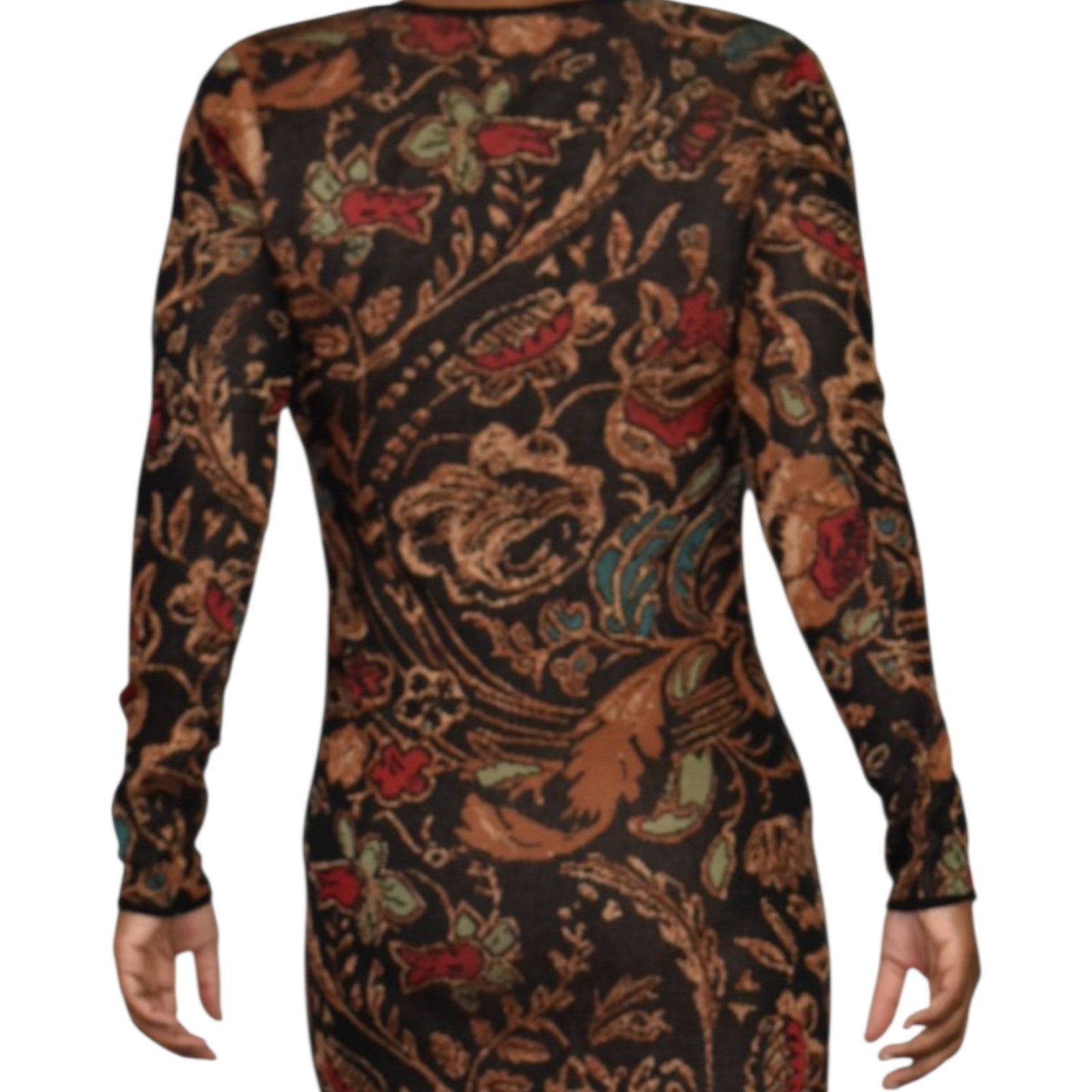 Peruvian Connection Floral Tapestry Jacquard Sweater Dress Black Cotton Knit Print Long Sleeves Midi Small