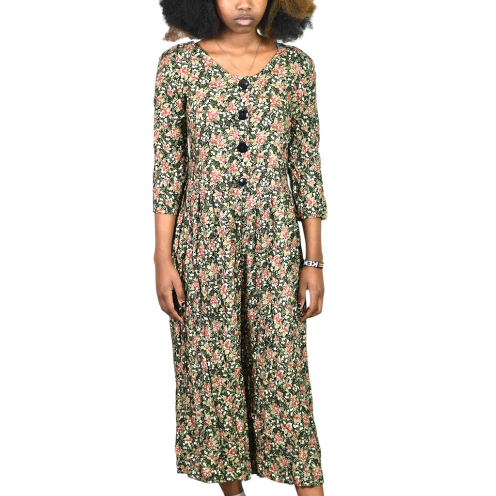 Vintage Rabbit Jr Floral Jumpsuit Black Rayon Wide Leg Ditsy Microprint Calico Earthy XS X Small