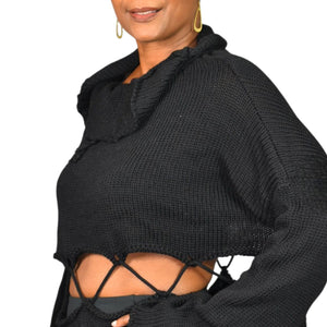 Manuelle Guibal Paris Sweater Black Knit Cropped Cutout Lace Up Long Sleeve Oversized Boxy Large