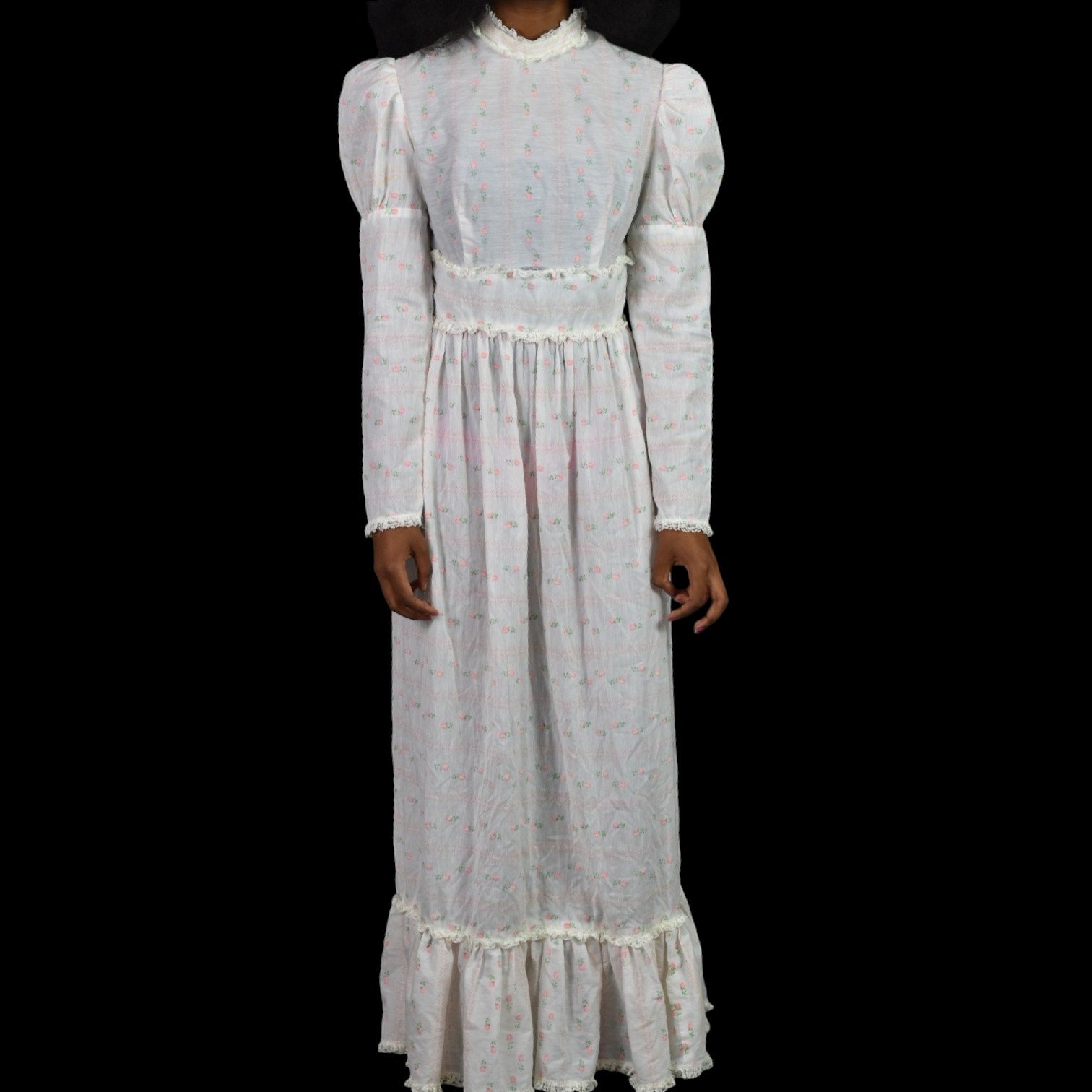 Vintage Vicky Vaughn Prairie Dress White Maxi Pastel Print High Collar – The Thriftanista Closet Vintage Vicky Vaughn Prairie Dress White Maxi Pastel Print High Collar – The Thriftanista Closet