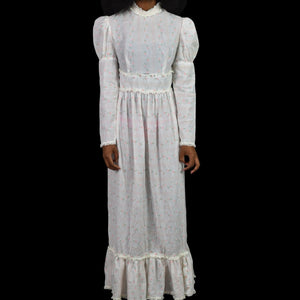 Vintage Vicky Vaughn Prairie Dress White Maxi Pastel Print High Collar – The Thriftanista Closet Vintage Vicky Vaughn Prairie Dress White Maxi Pastel Print High Collar – The Thriftanista Closet