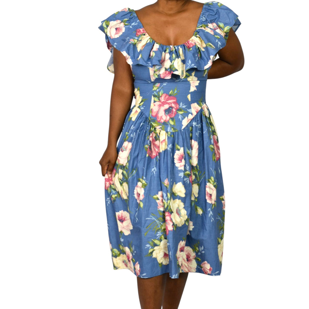 Vintage SG Gilbert Floral Midi Dress Blue Cotton Ruffle Shoulder Pockets 80s Yoked XS 2