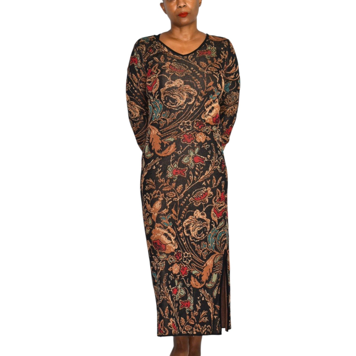 Peruvian Connection Floral Tapestry Jacquard Sweater Dress Black Cotton Knit Print Long Sleeves Midi Small