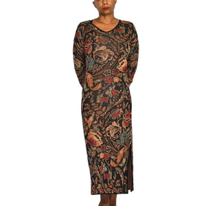 Peruvian Connection Floral Tapestry Jacquard Sweater Dress Black Cotton Knit Print Long Sleeves Midi Small
