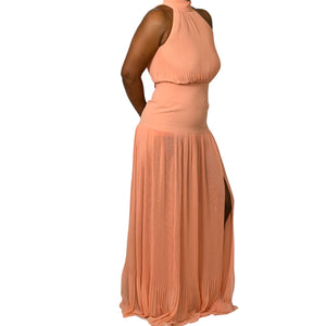 Veronica Beard Lilliana Dress Peach Orange Halter High Neck Plisse Long Maxi Evening Gown 2