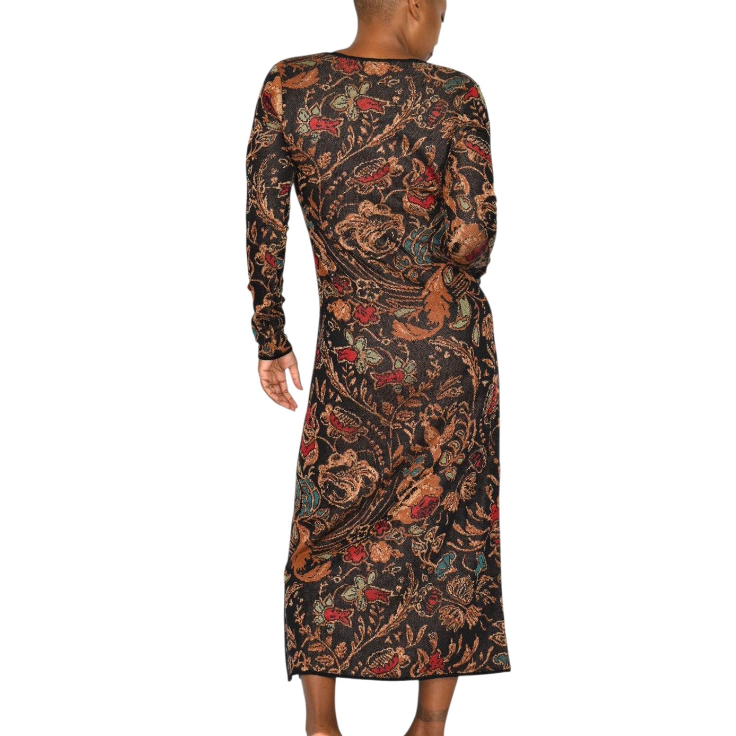 Peruvian Connection Floral Tapestry Jacquard Sweater Dress Black Cotton Knit Print Long Sleeves Midi Small