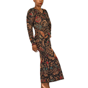 Peruvian Connection Floral Tapestry Jacquard Sweater Dress Black Cotton Knit Print Long Sleeves Midi Small