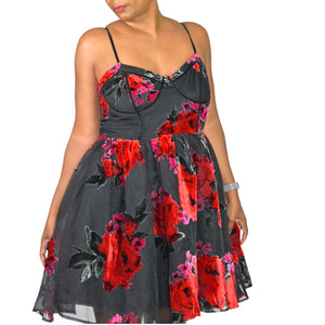 Betsey Johnson Lucia Bustier Dress Red Floral Mini Sheer Velvet Burnout Rose Corset Babydoll Sweetheart Large