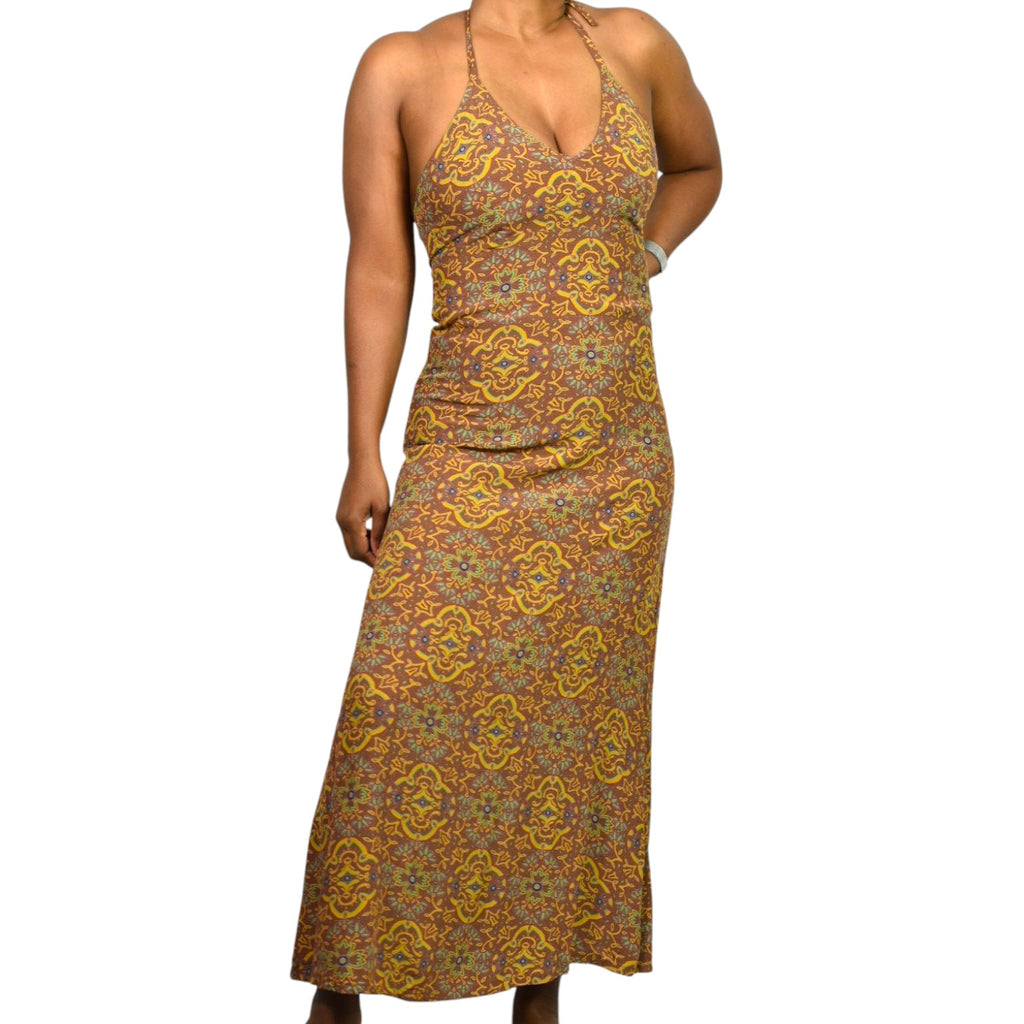 Vintage Gap Halter Dress Brown Mandala 90s Grunge Long Maxi Rayon Block Print Small