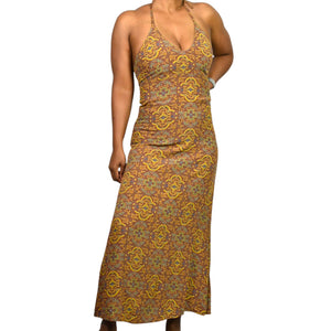 Vintage Gap Halter Dress Brown Mandala 90s Grunge Long Maxi Rayon Block Print Small