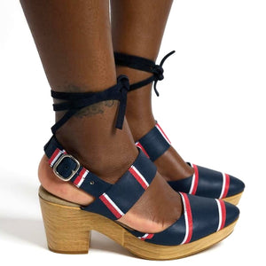 Free People Monaco Clogs Blue Navy Stripe Wrap Chunky Platform Wooden Heels 38 7.5